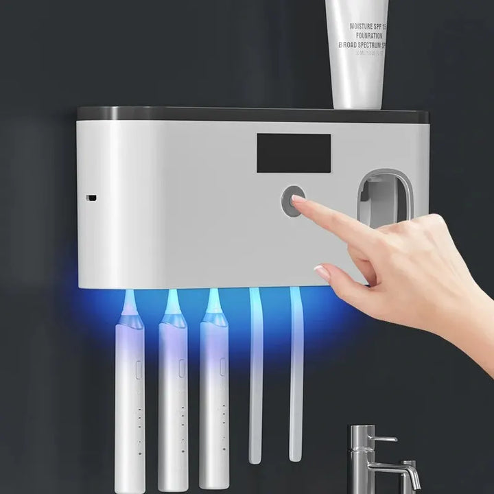 Suporte inteligente para escova de dentes UV, prateleira para esterilização e desinfeção de escova de dentes doméstica, extrusora de pasta de dentes montada na parede