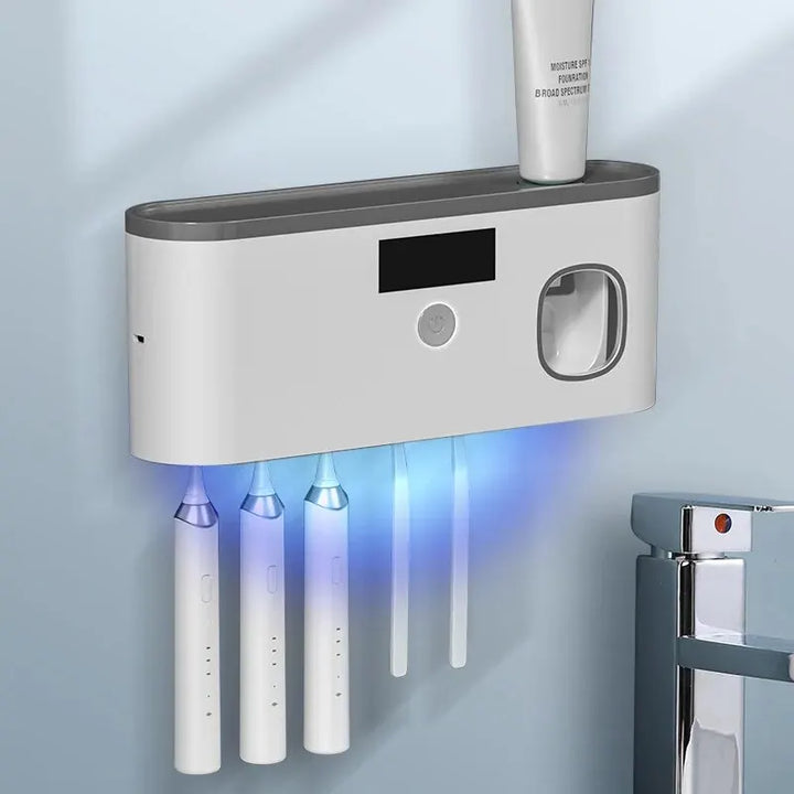 Suporte inteligente para escova de dentes UV, prateleira para esterilização e desinfeção de escova de dentes doméstica, extrusora de pasta de dentes montada na parede